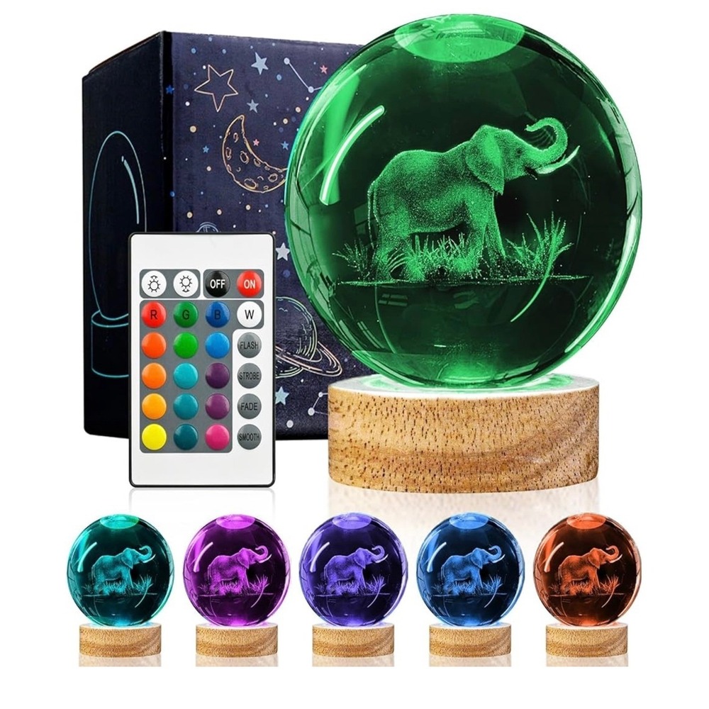 3D Elephant Crystal Ball Night Light With‎ 16 Color Wooden Base